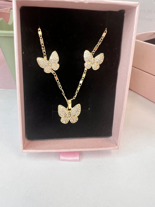 Gold Butterfly with white Stones Earrings And Necklace Set