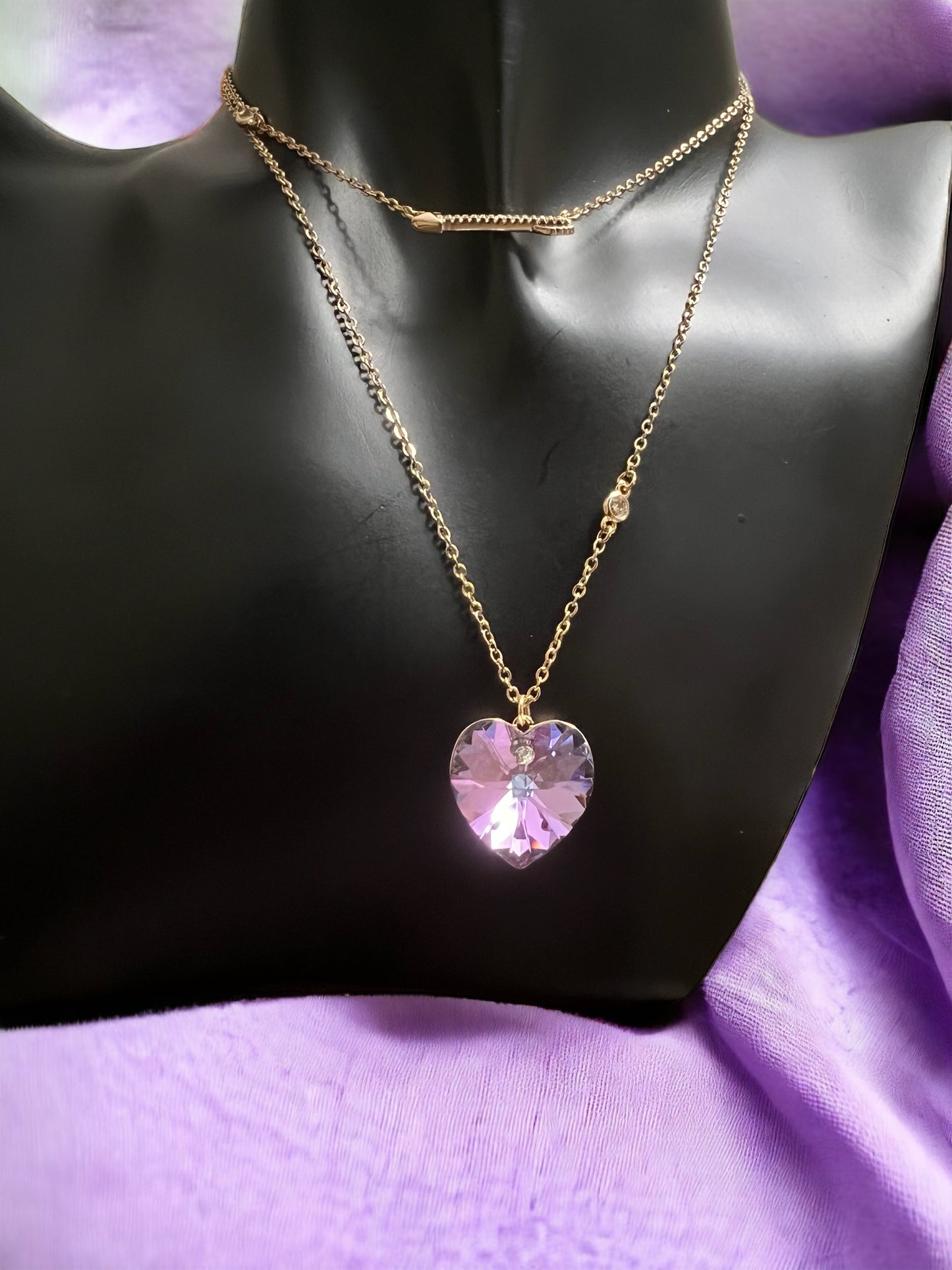 Purple Crystal Heart And Arrow Necklace For petite Women And Girls