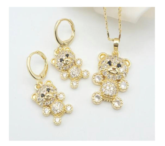 Gold And White Teddy Bear Design Earrings And Necklace Sets