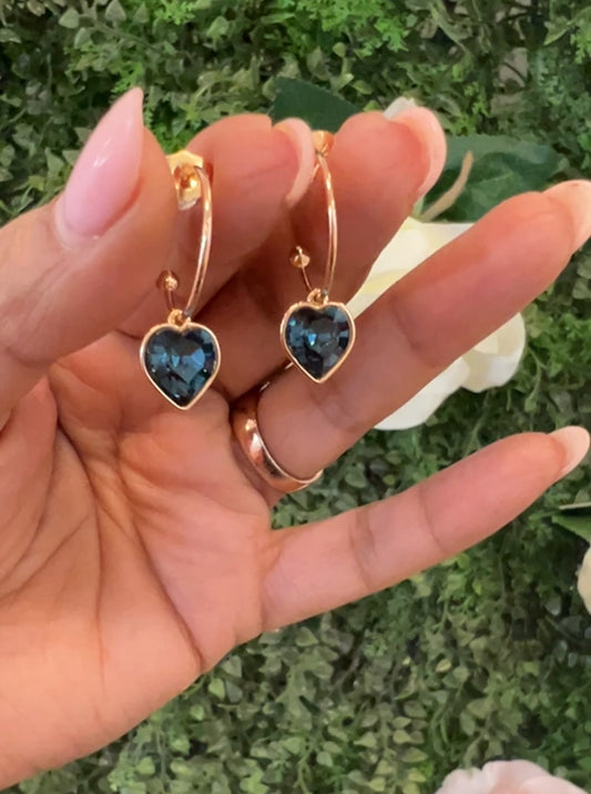 Sapphire Radiance: Blue Crystal Heart Charm Gold Earrings Semi-Hoops - Elegance in Every Glint, Perfect for Effortless Style