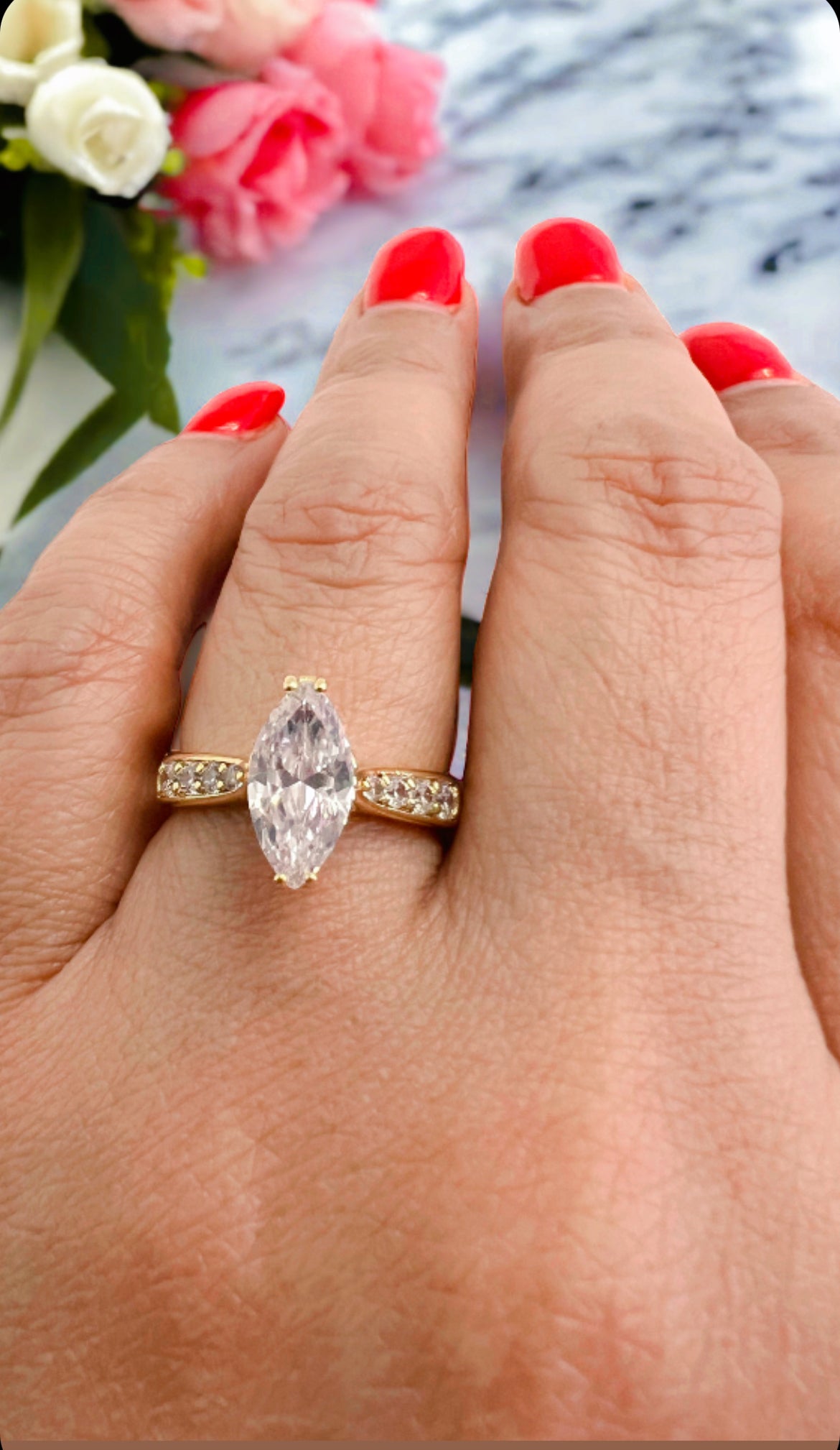 Marquise Stone Ring, Half Eternity Band Jewelry, 14k Gold Plated, Cubic Zircon Stones, Eco-Friendly Copper, Nickel-Free, Hypoallergenic, Timeless Glamour, Modern Sophistication, Statement Ring.