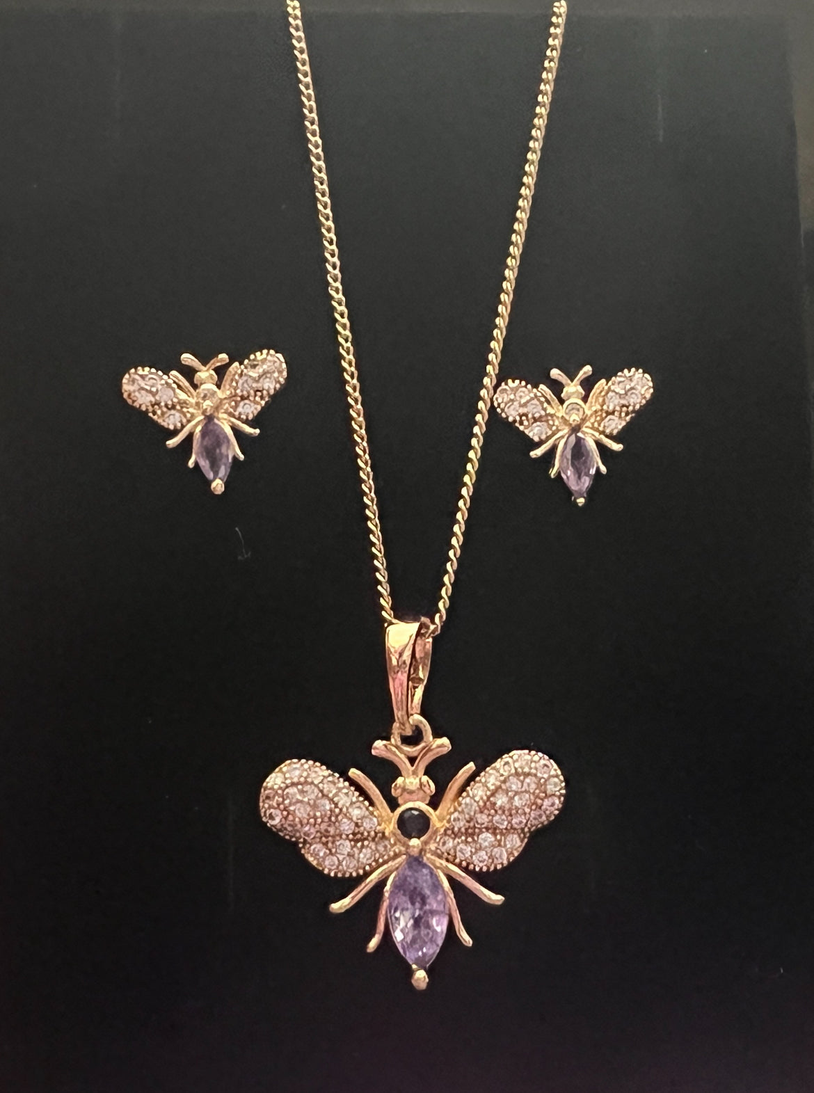 Gold And Purple Butterfly Earrings Studs And Necklace Set