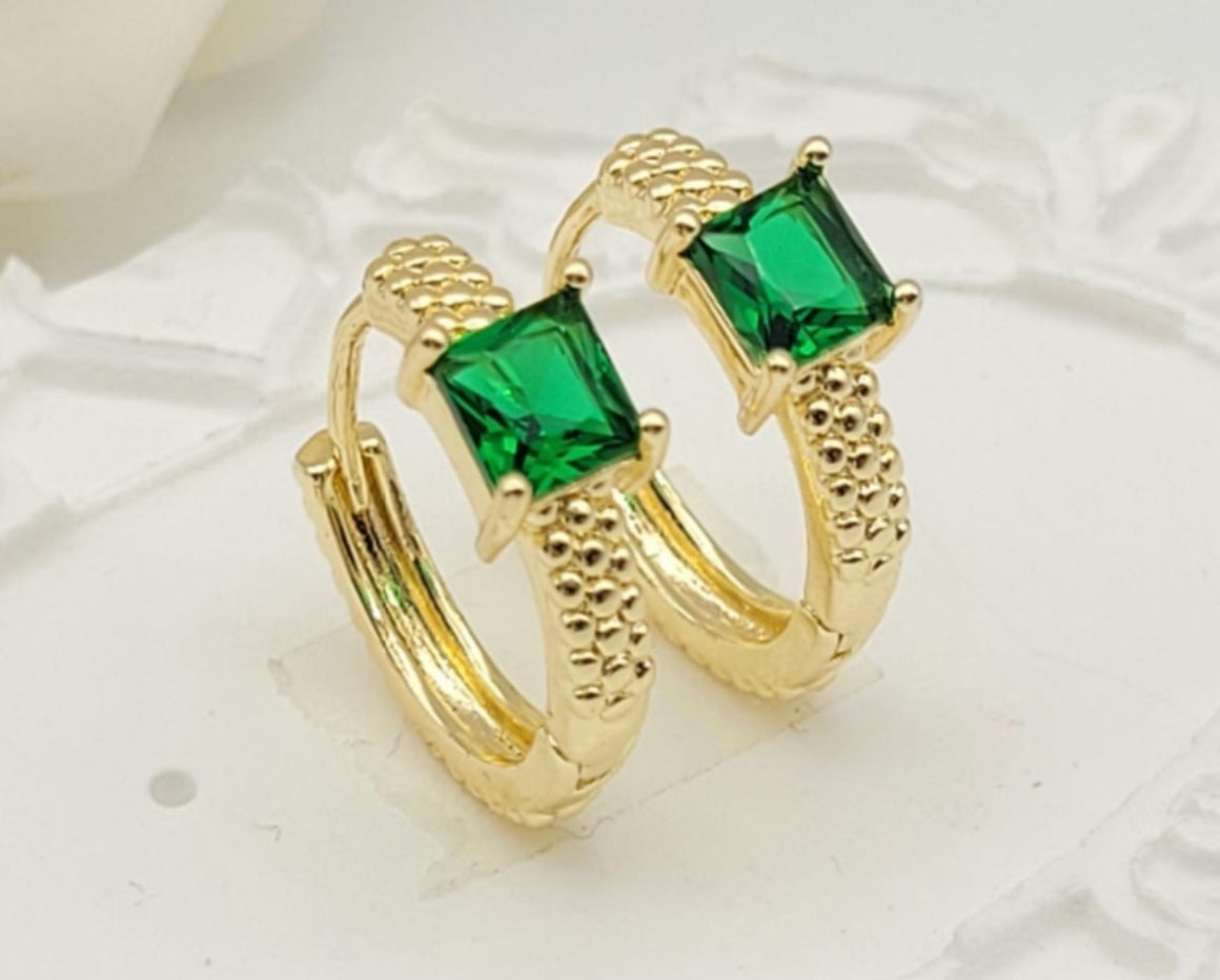 Gold Square Stone ,Green, White And Pink Huggies Earrings #0096