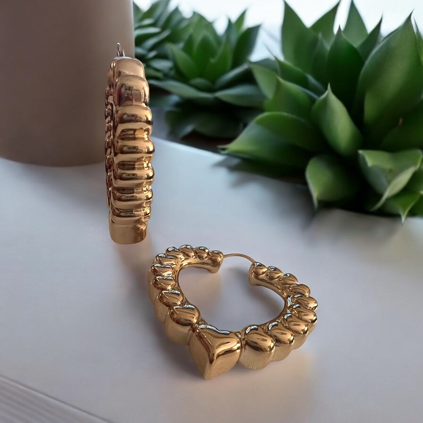 Chunky Balls, Heart Gold Plated Trendy Hoops In 2 Designs