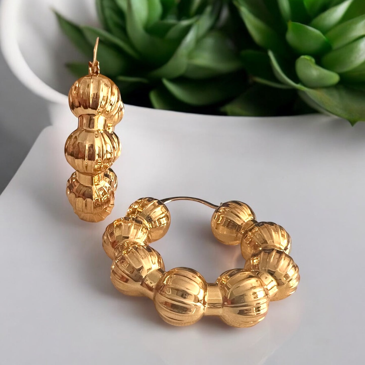 Chunky Balls, Heart Gold Plated Trendy Hoops In 2 Designs