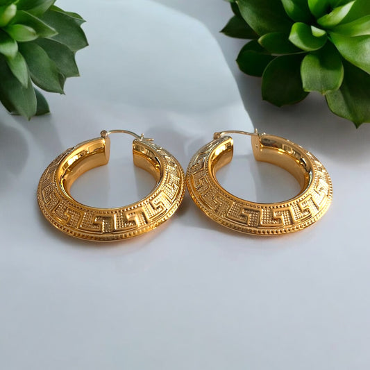 Greek Design Chunky Gold Plated Hoops In 3 Designs