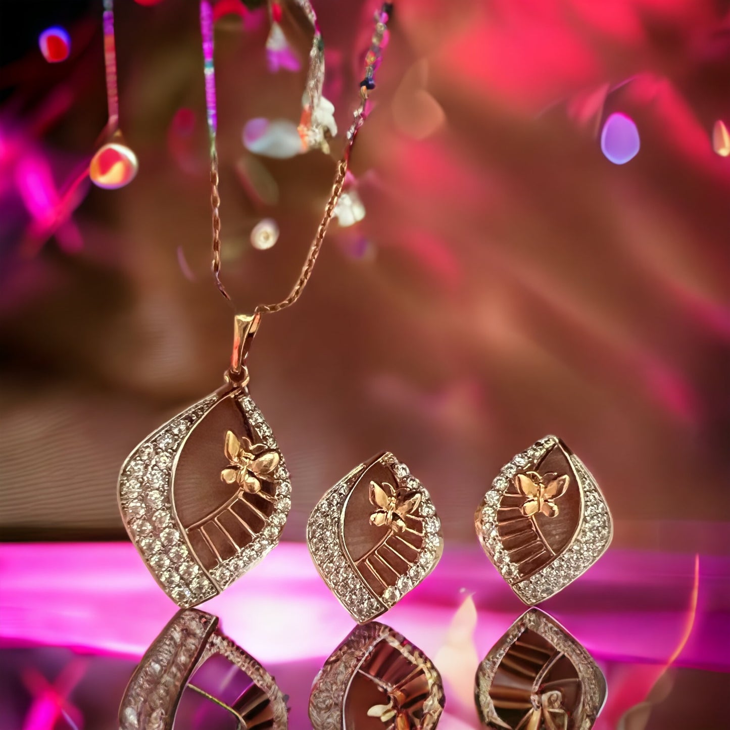 Dazzling Flutter: Butterfly in Diamond-Shaped Earrings and Necklace Set – Radiant Elegance for a Timeless Statement