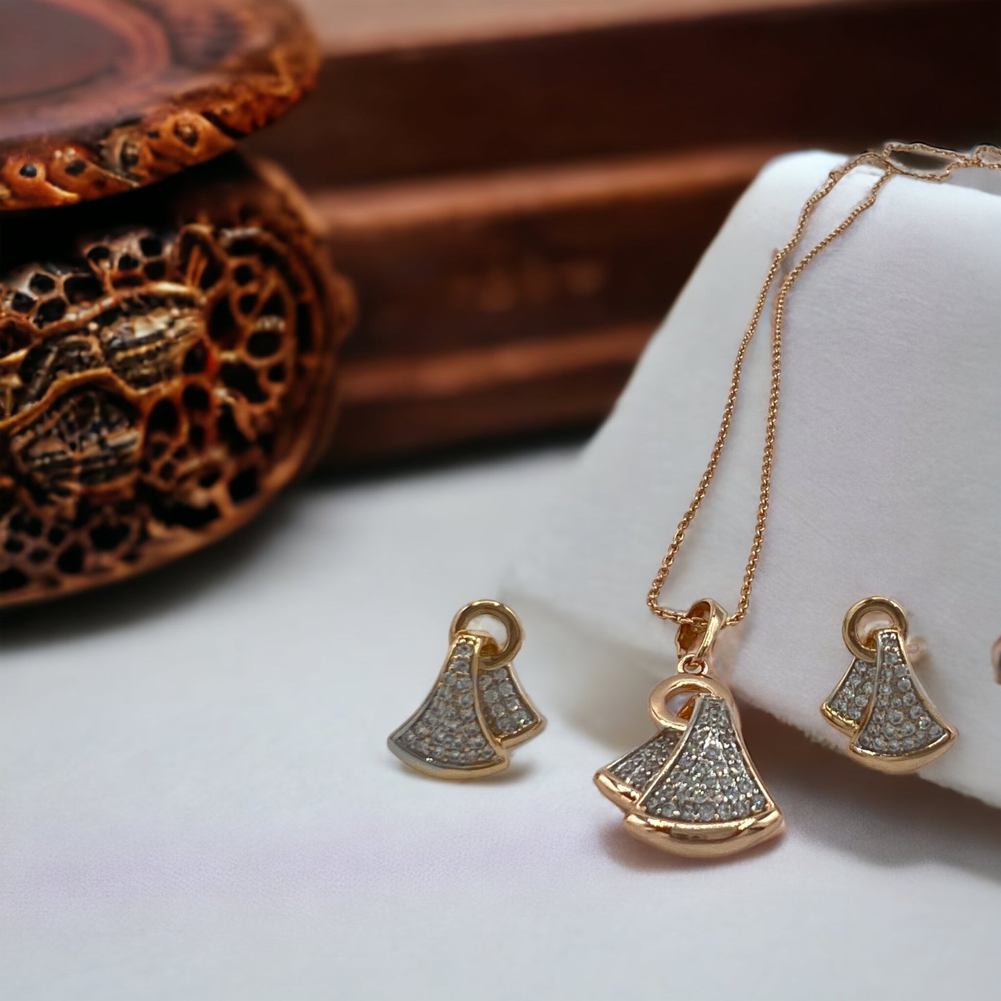 Double Double Diamonds Like Gold Plated Earrings And Necklace Set