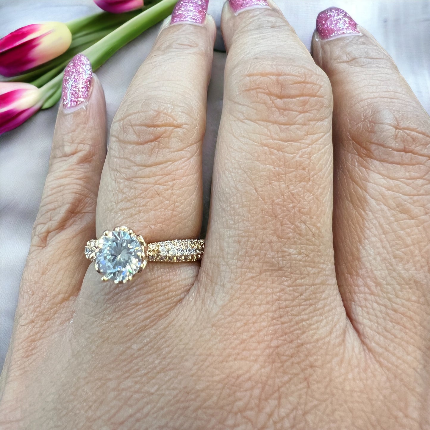 Enclave Elegance: White Cubic Zircon Stone with Embellished Band Gold-Plated Ring