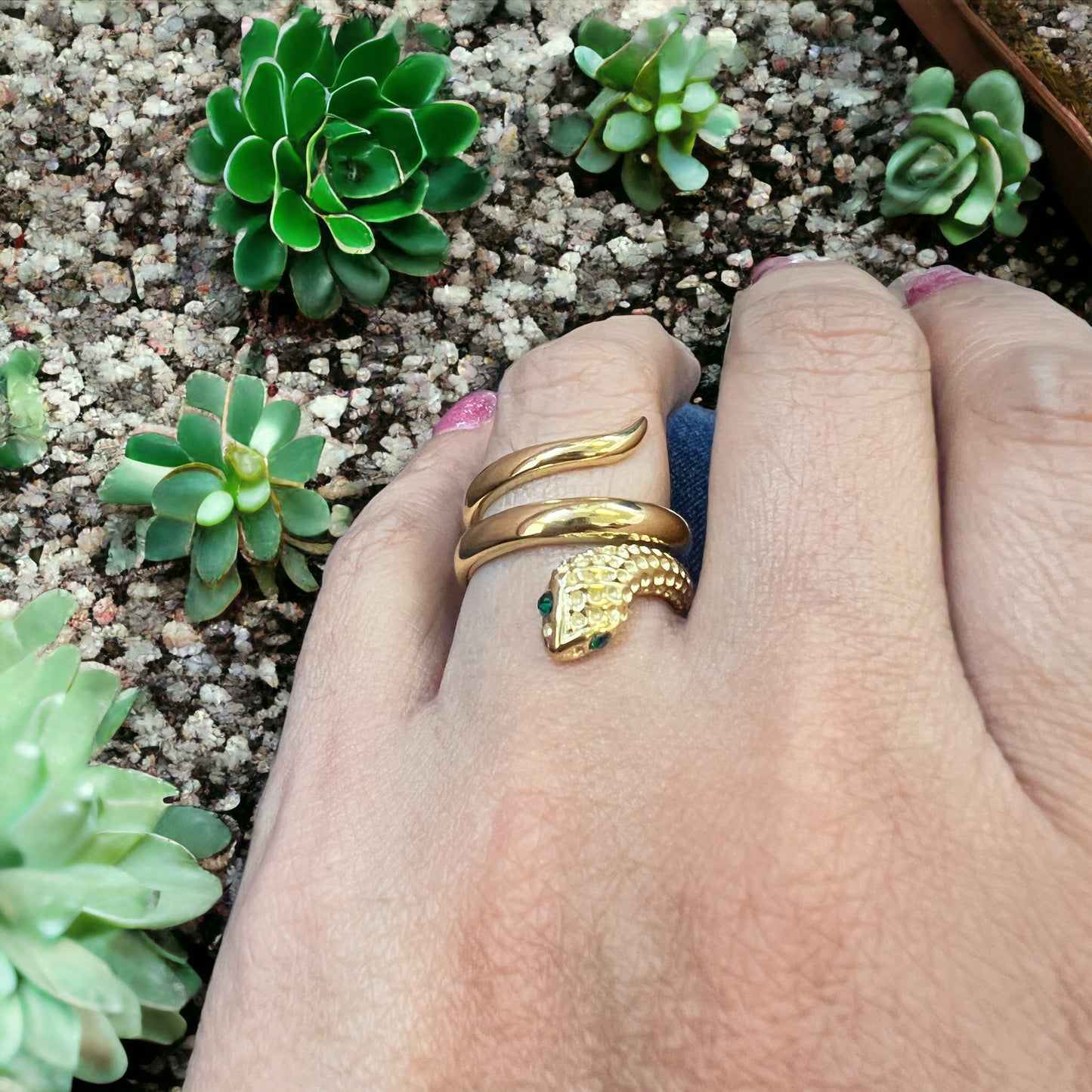 Serpentine Allure: Gold Snake Ring for Women with Captivating Green Eyes - Elevate Your Style with this Daring and Fashionable Statement Piece