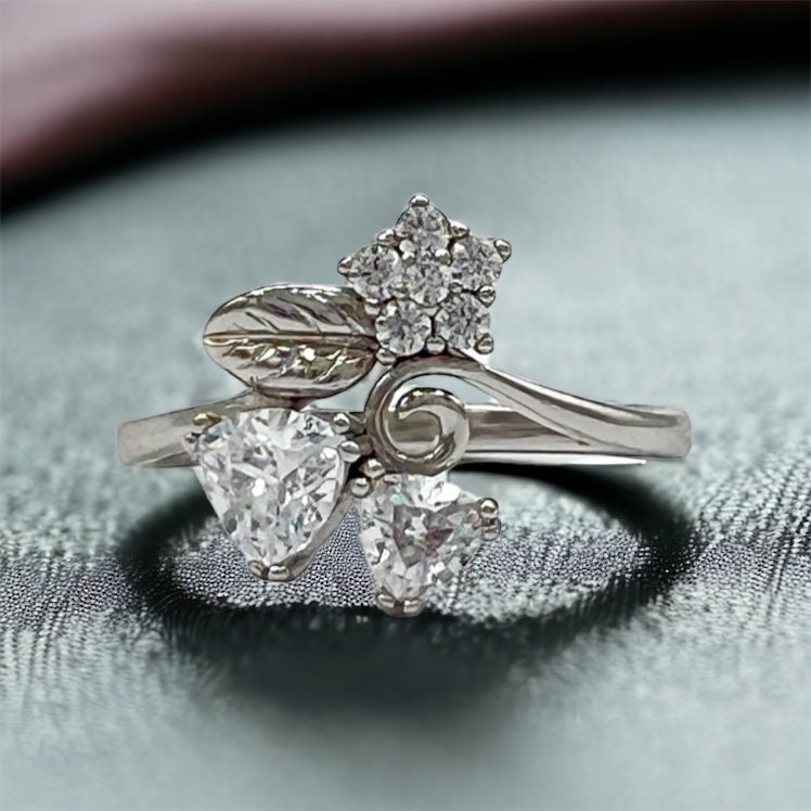 Two Zircons One Flower With Leaf Silver Ring #041