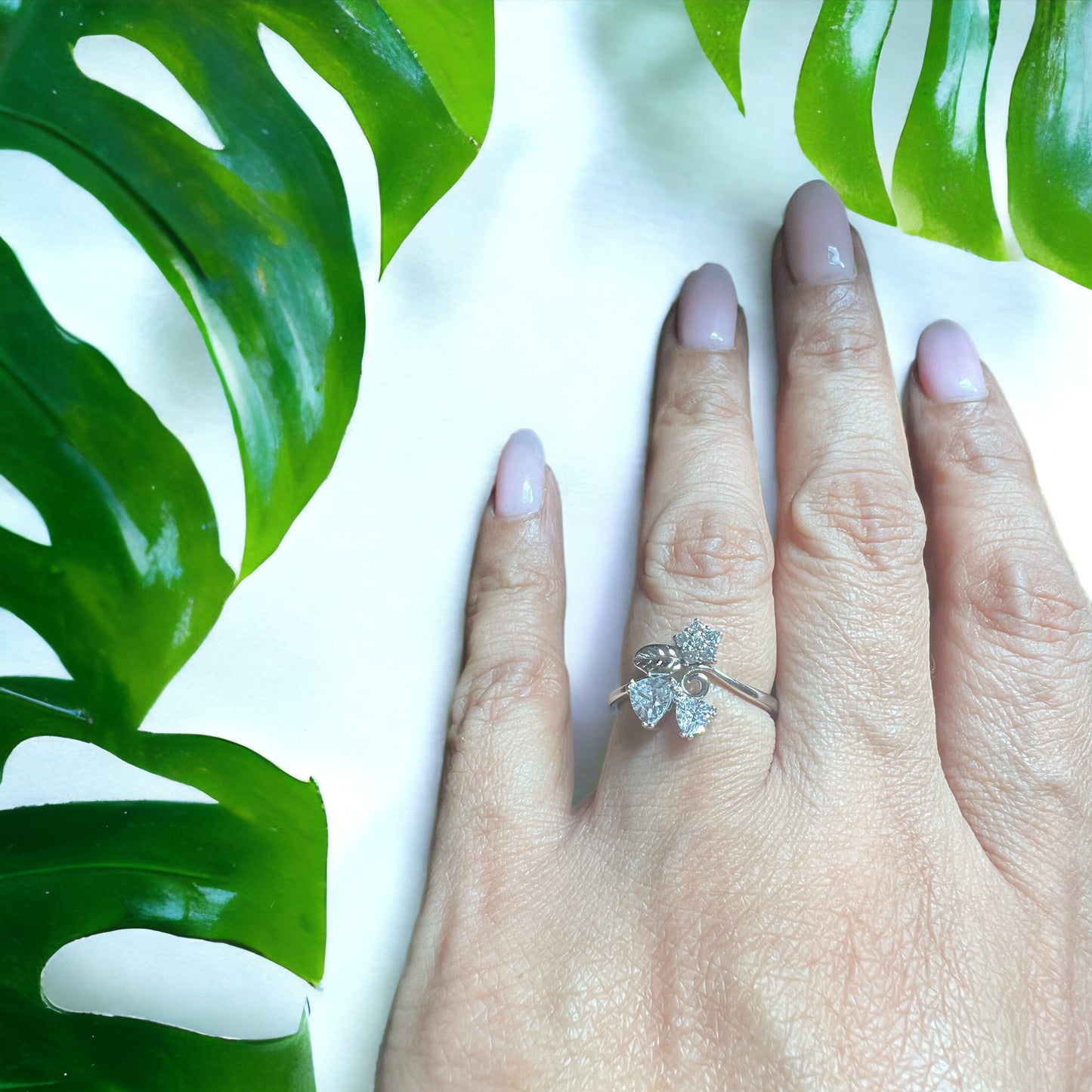 Two Zircons One Flower With Leaf Silver Ring