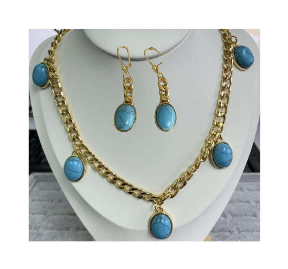 Oval Turquoise And Gold Earrings And Turquoise Charms Necklace Sets
