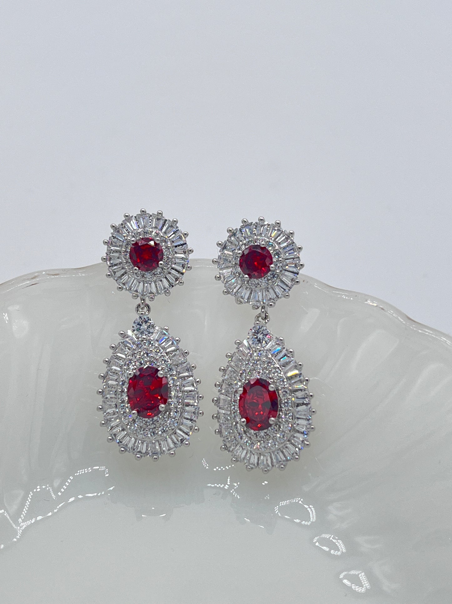 fancy silver and rubby red drop earrings