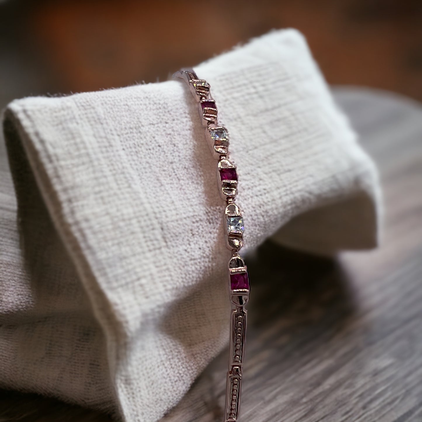 Radiant Ruby Red and White Square Stones Handcrafted Bracelets in Rose Gold