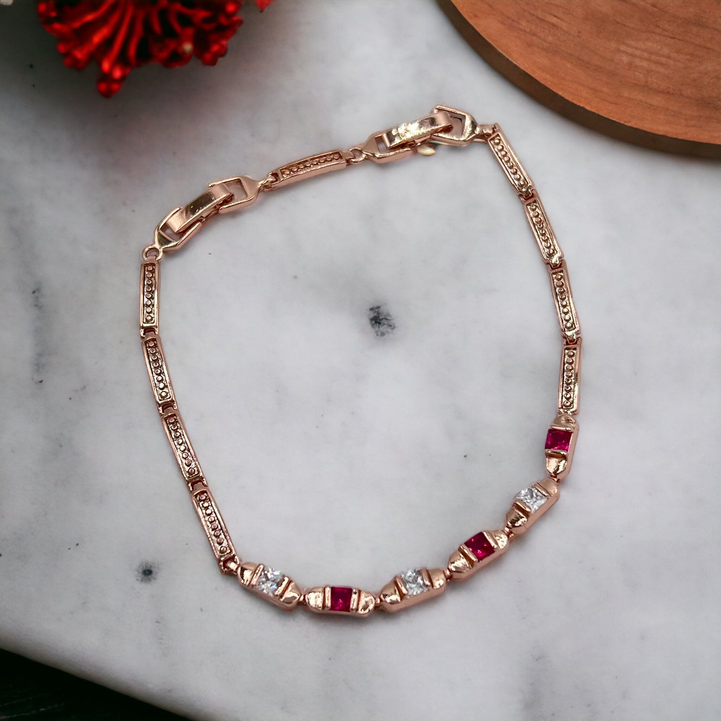 Radiant Ruby Red and White Square Stones Handcrafted Bracelets in Rose Gold