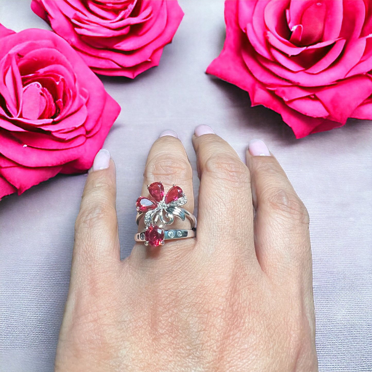 Pink Rubies And Silver Flower Silver Ring