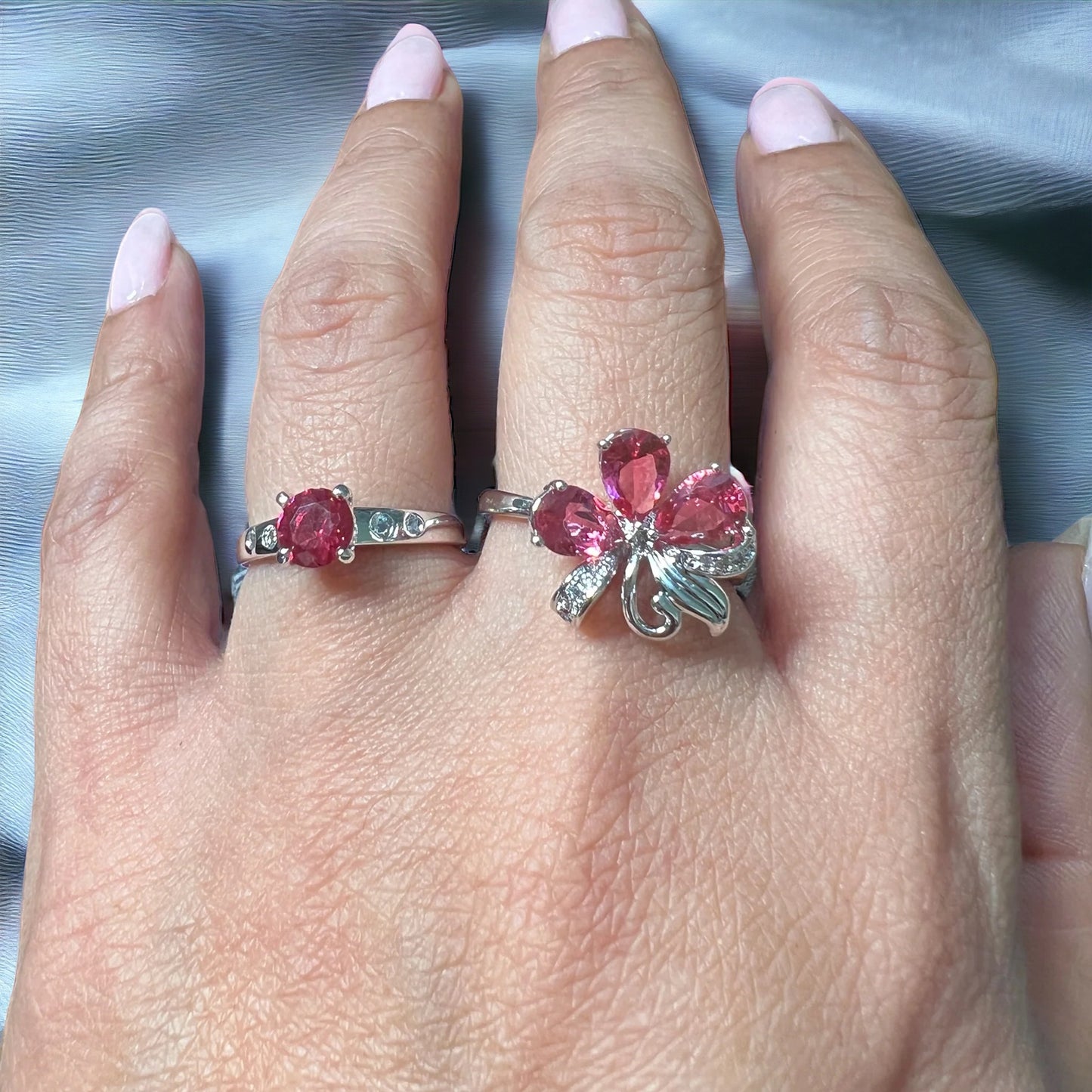 Pink Rubies And Silver Flower Silver Ring