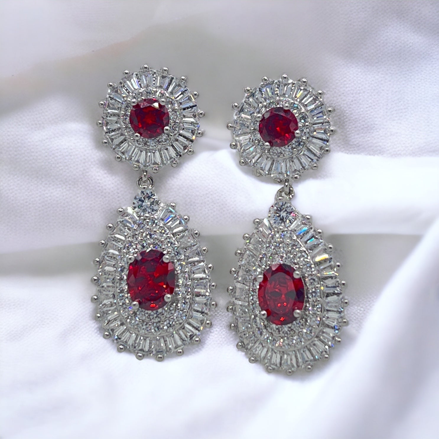 silver and rubby red party earrings