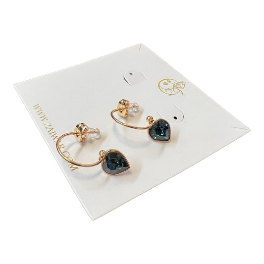 Sapphire Radiance: Blue Crystal Heart Charm Gold Earrings Semi-Hoops