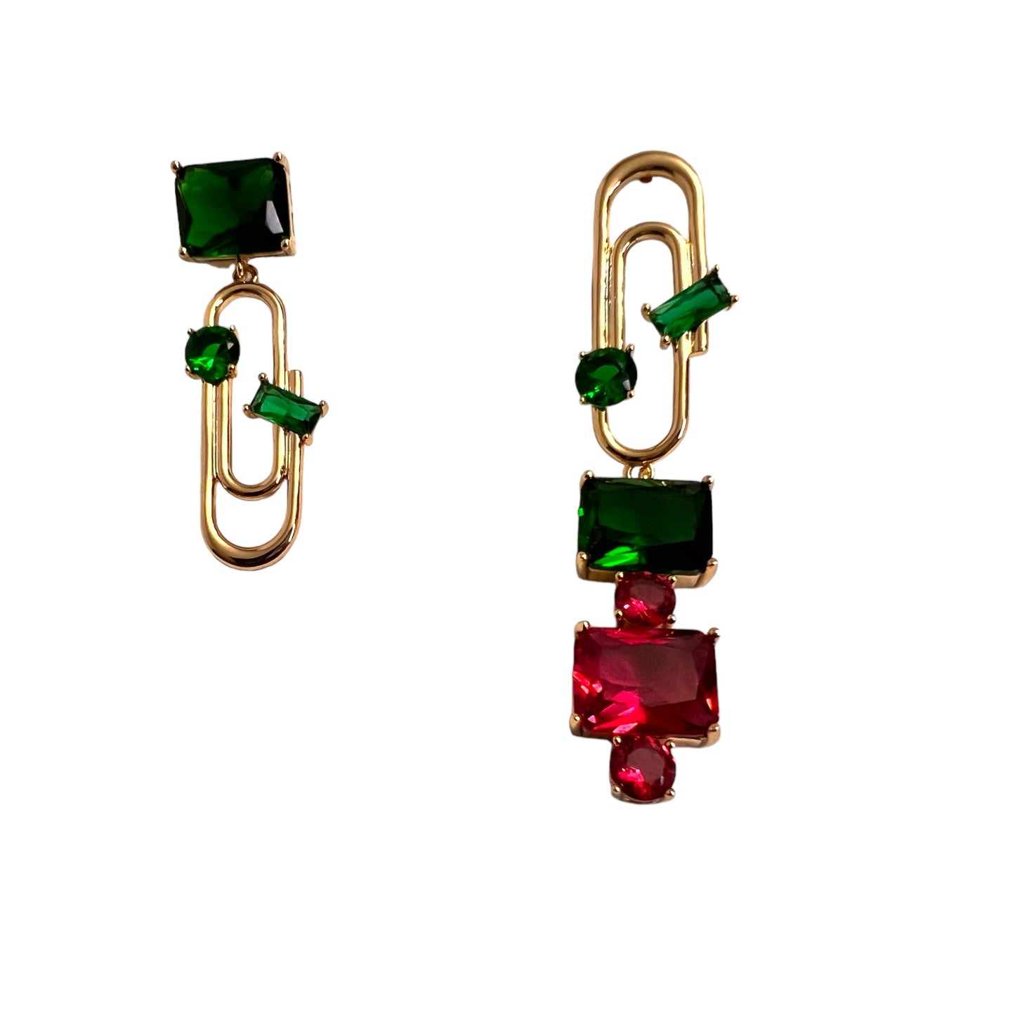 Paper clip Design Earrings Green & Ruby