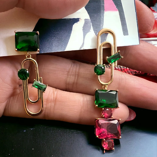 Paper clip Design Earrings Green & Ruby #0056