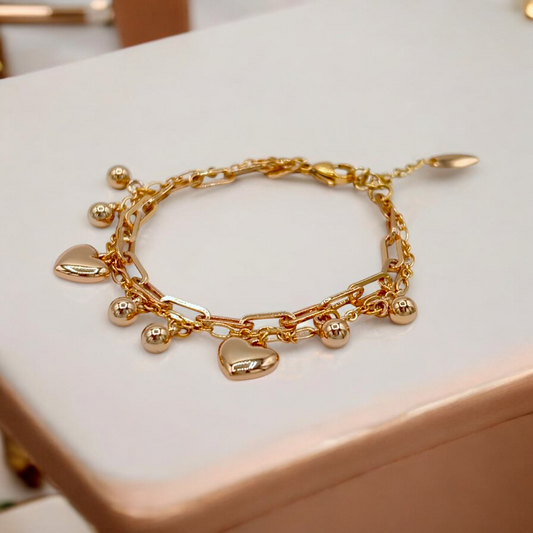 Gold Plated Heart And Balls Double Chain Bracelets #0005