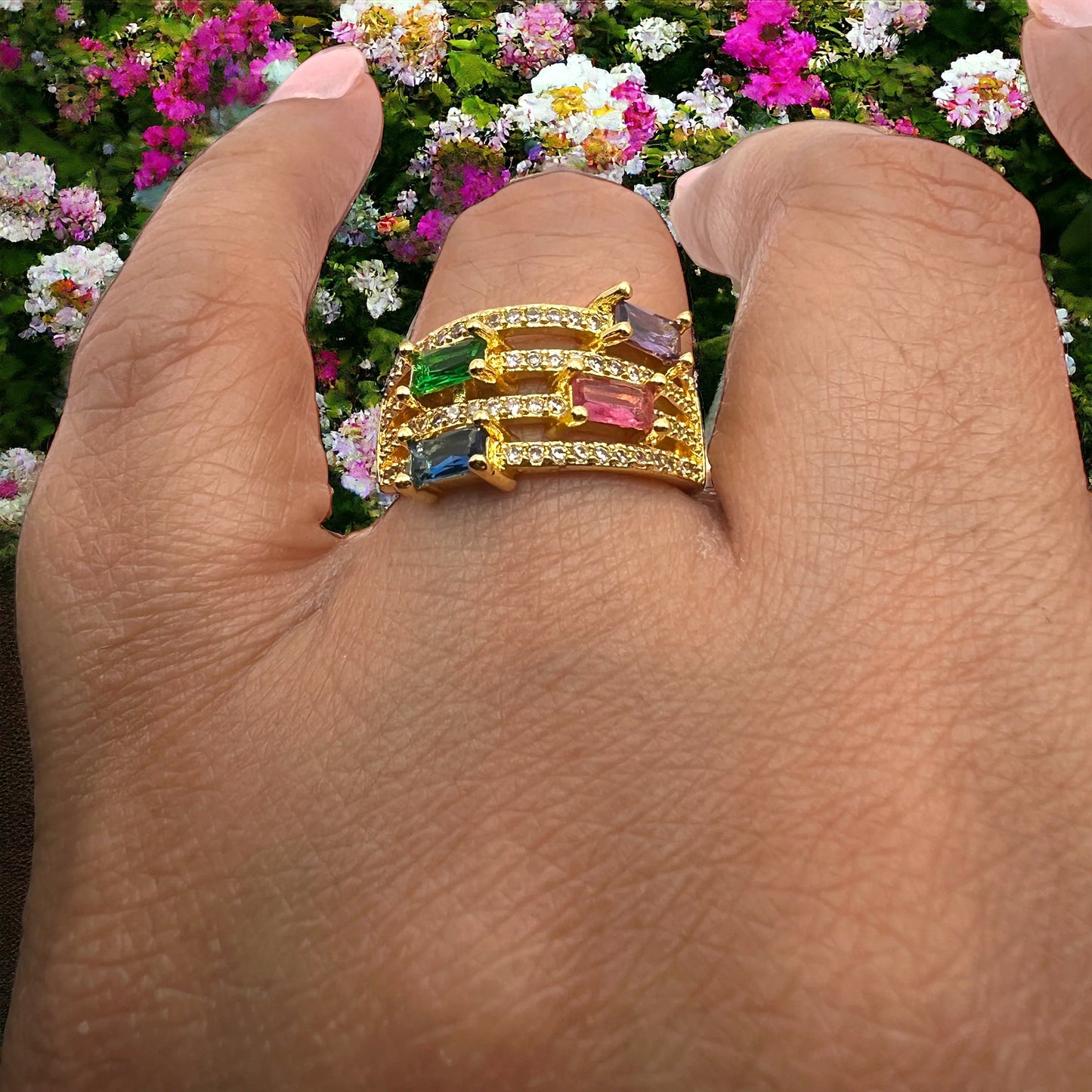 Babita: Multicolour Stones Gold-Plated Ring for Women – Vibrant Elegance, Statement Jewelry
