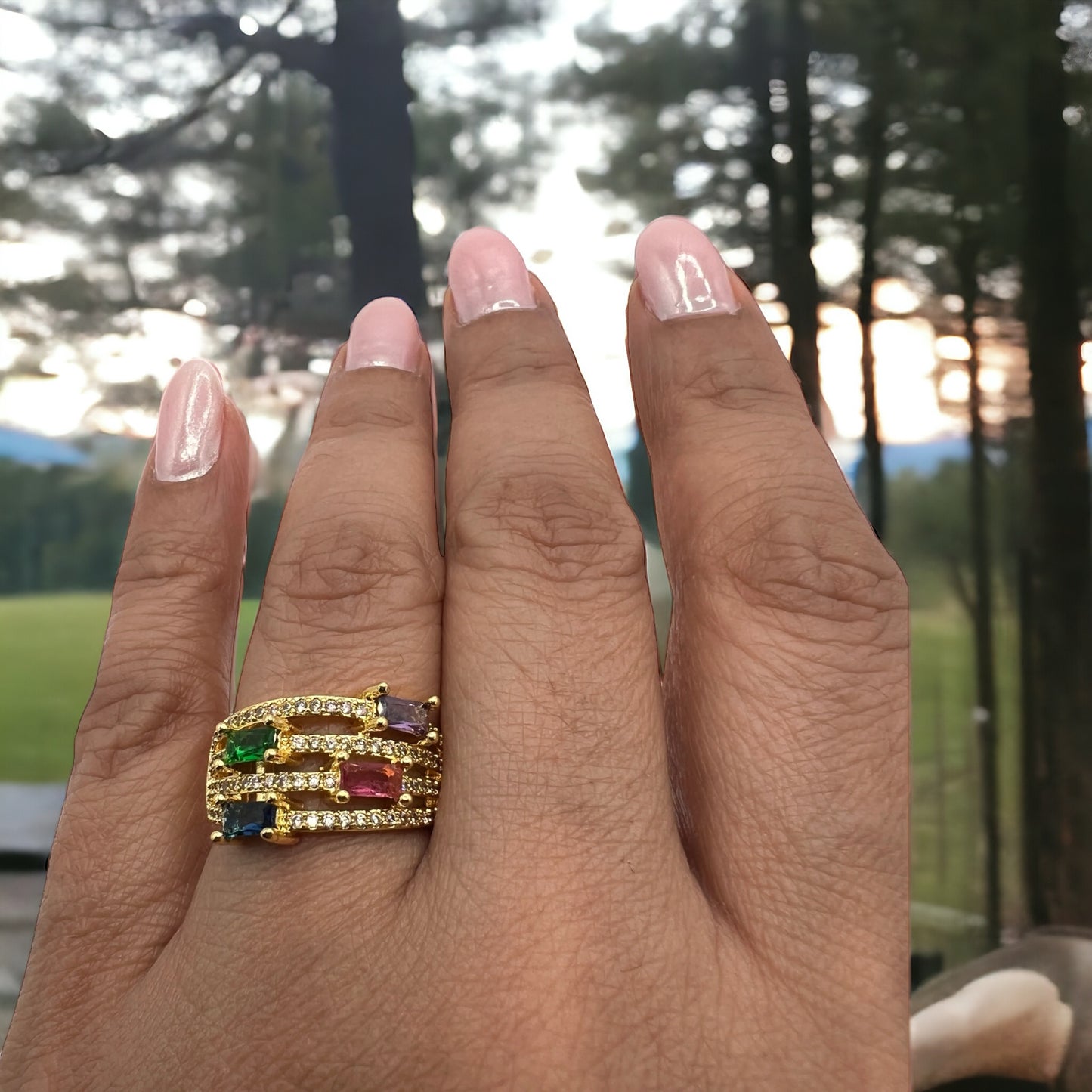 Babita: Multicolour Stones Gold-Plated Ring for Women – Vibrant Elegance, Statement Jewelry