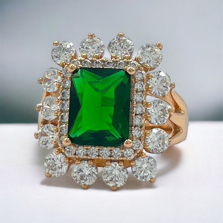 green and white cubic zircon rings with wide golden band