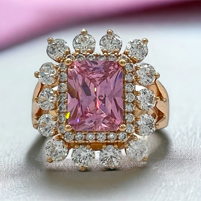clasic ring design in pink emerald cut pink rectangular cubic zircon surrounding buy double layer of white cubic zirconsrcon