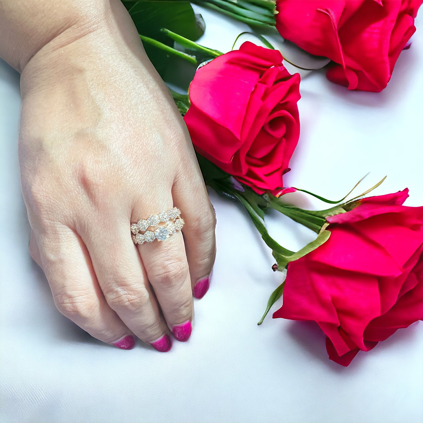 Flowers Band And Flowers Ring Rose Gold Set
