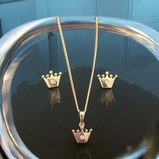 Gold Dainty Crown With One Stone Earrings And Necklace Sets