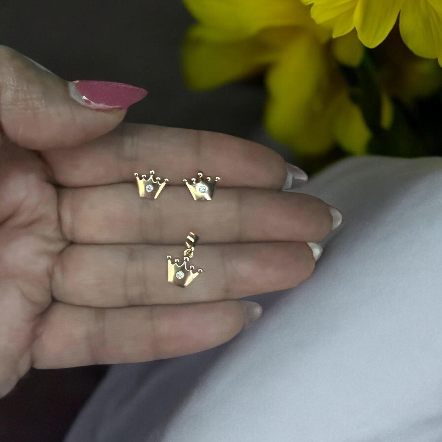 Gold Dainty Crown With One Stone Earrings And Necklace Sets