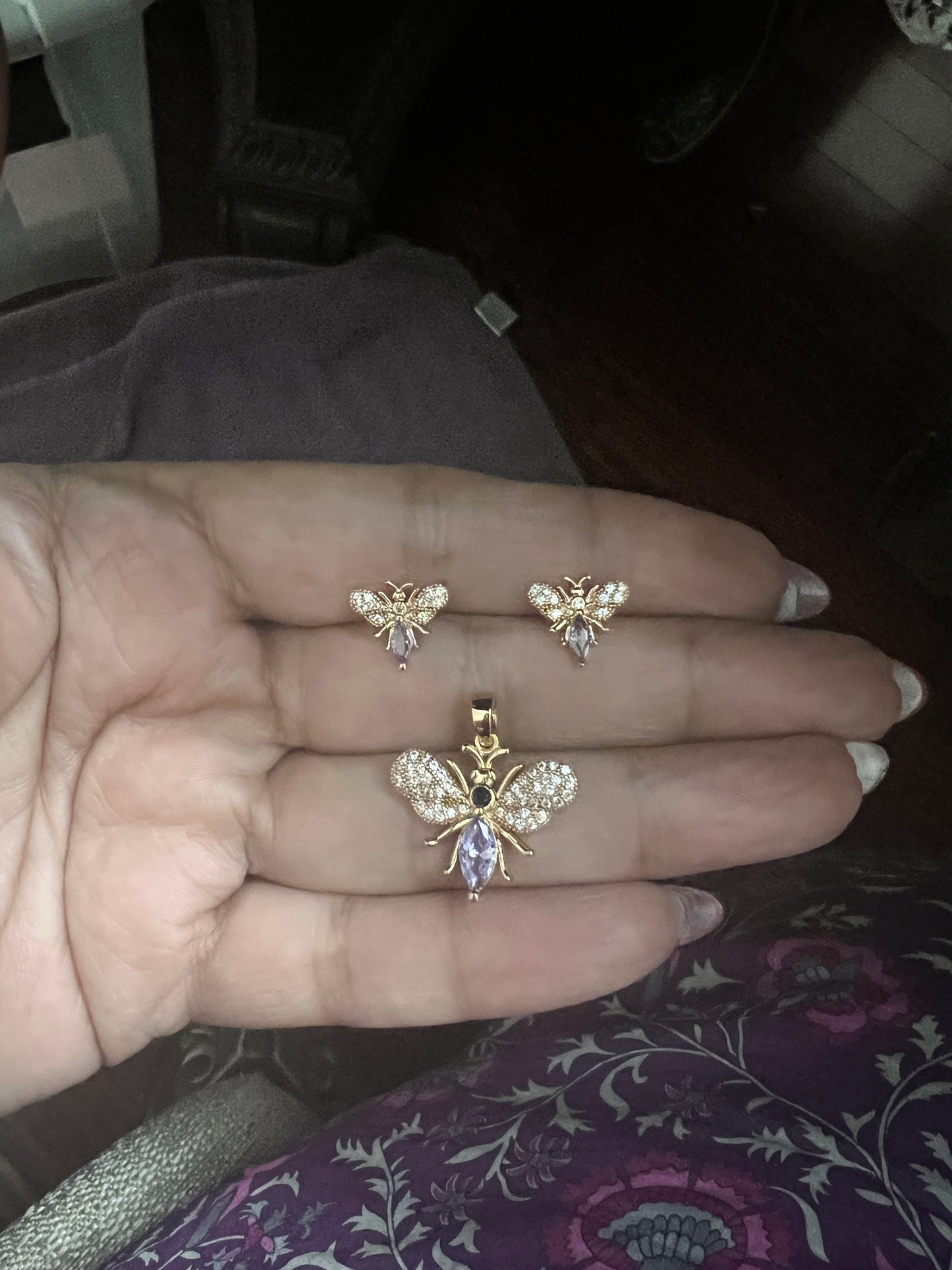 Gold And Purple Butterfly Earrings Studs And Necklace Set