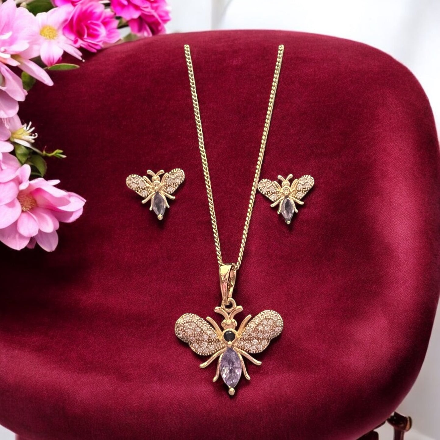 Gold And Purple Butterfly Earrings Studs And Necklace Set