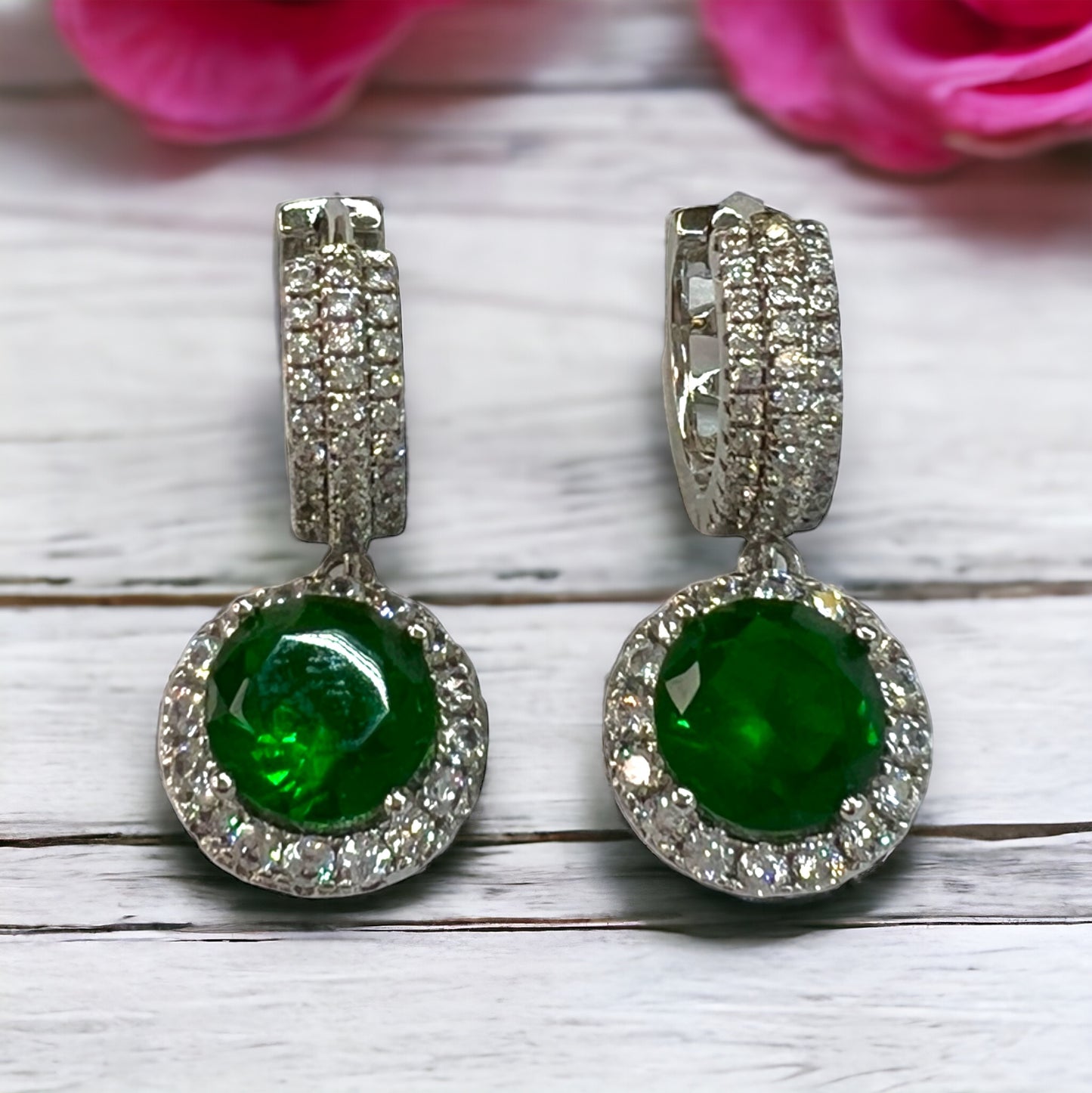 Silver Huggies Earrings With Green Zircon Dangle