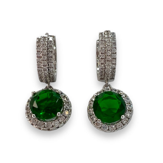 Silver Huggies Earrings With Green Zircon Dangle