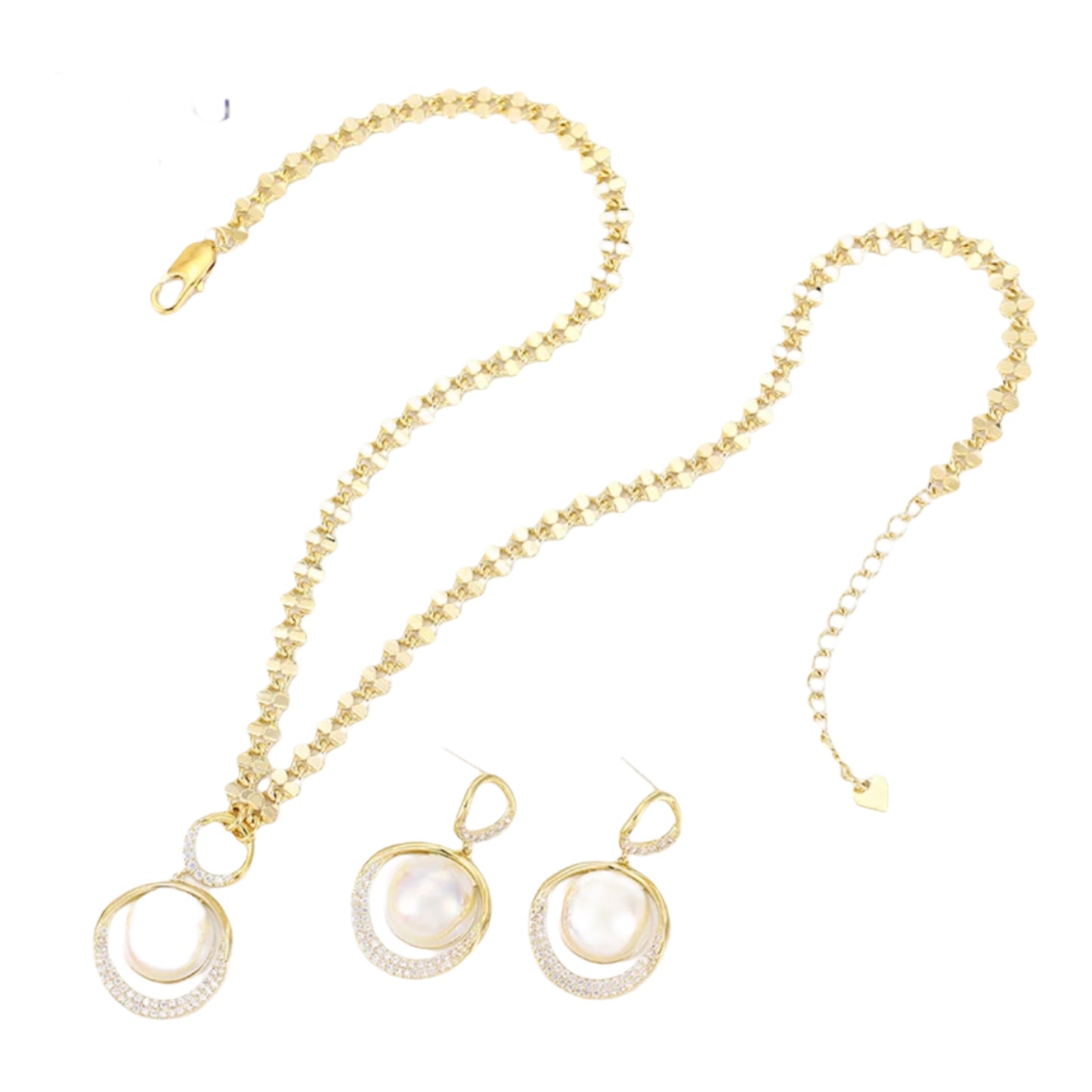 Pearl And Circle Earrings And Necklace Set 14k Gold Plated