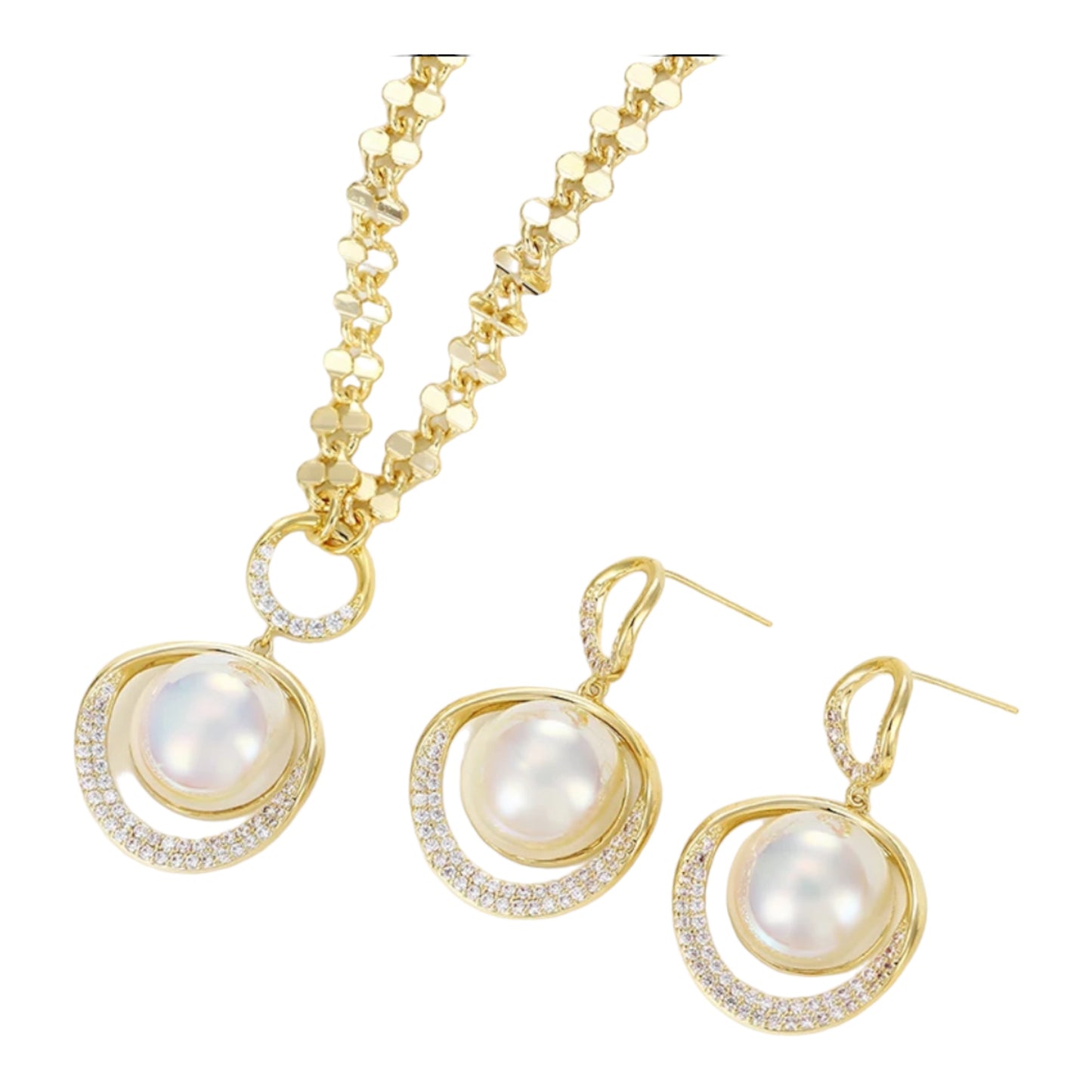 Pearl And Circle Earrings And Necklace Set 14k Gold Plated
