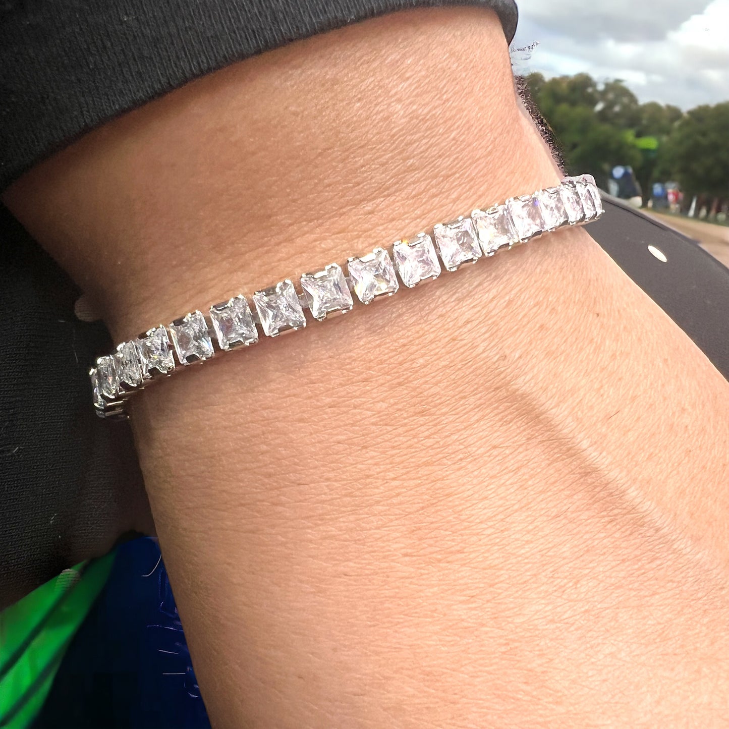 Dazzling Brilliance: Emerald Cut Cubic Zircons Silver Tennis Bracelet, White Gold Plated for Timeless Elegance