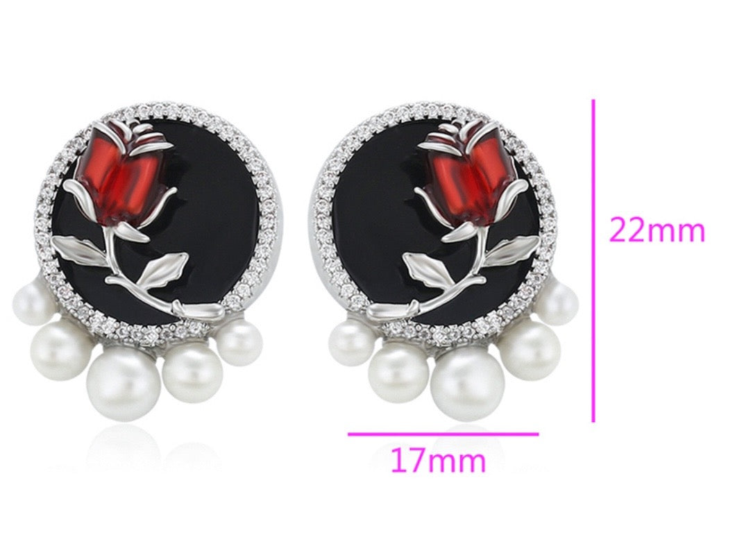 Silver Black Studs with Red And Silver Rose Platinum Plated