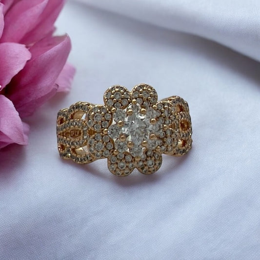 Fiona Flower Gold-Plated Ring with Unique Design and Wide Bands - Elevate Your Style with Distinctive Elegance #0125