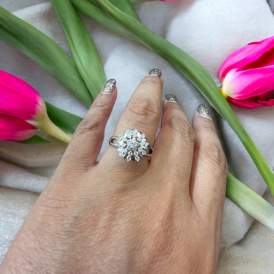 Diamond Leaves and Stone Silver Ring - White Gold Plated Elegance for Nature-Inspired Glamour #059