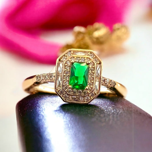 Emerald Square Gold Ring With Half Eternity Band #062