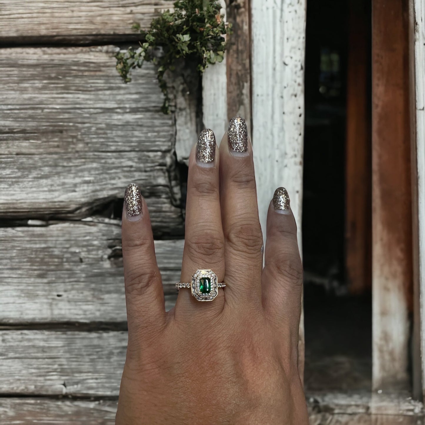 Emerald Square Gold Ring With Half Eternity Band #062