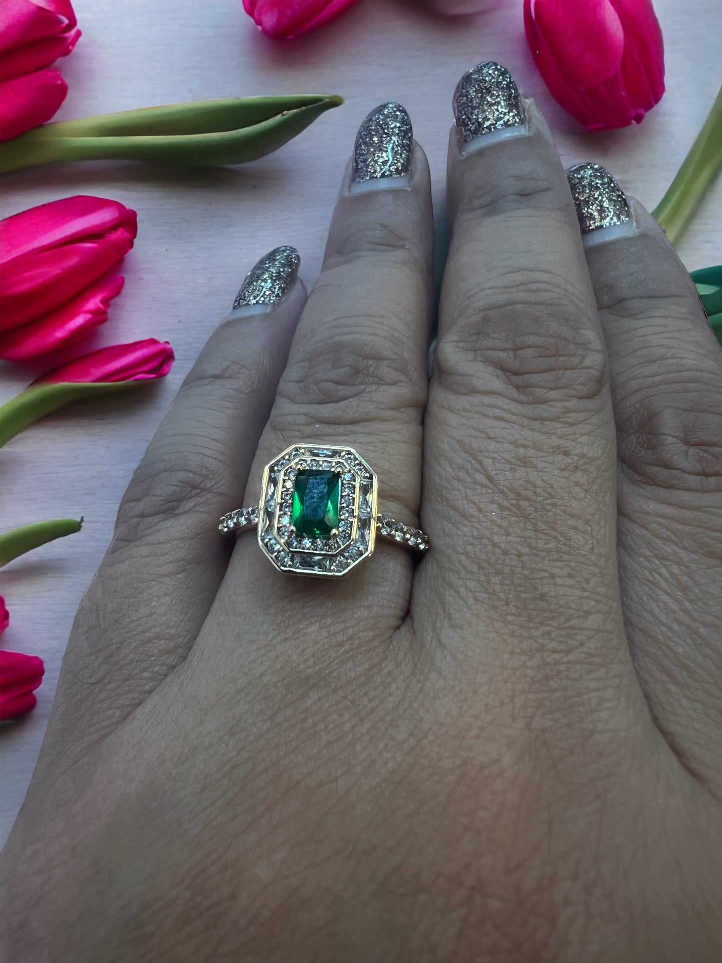 Emerald Square Gold Ring With Half Eternity Band