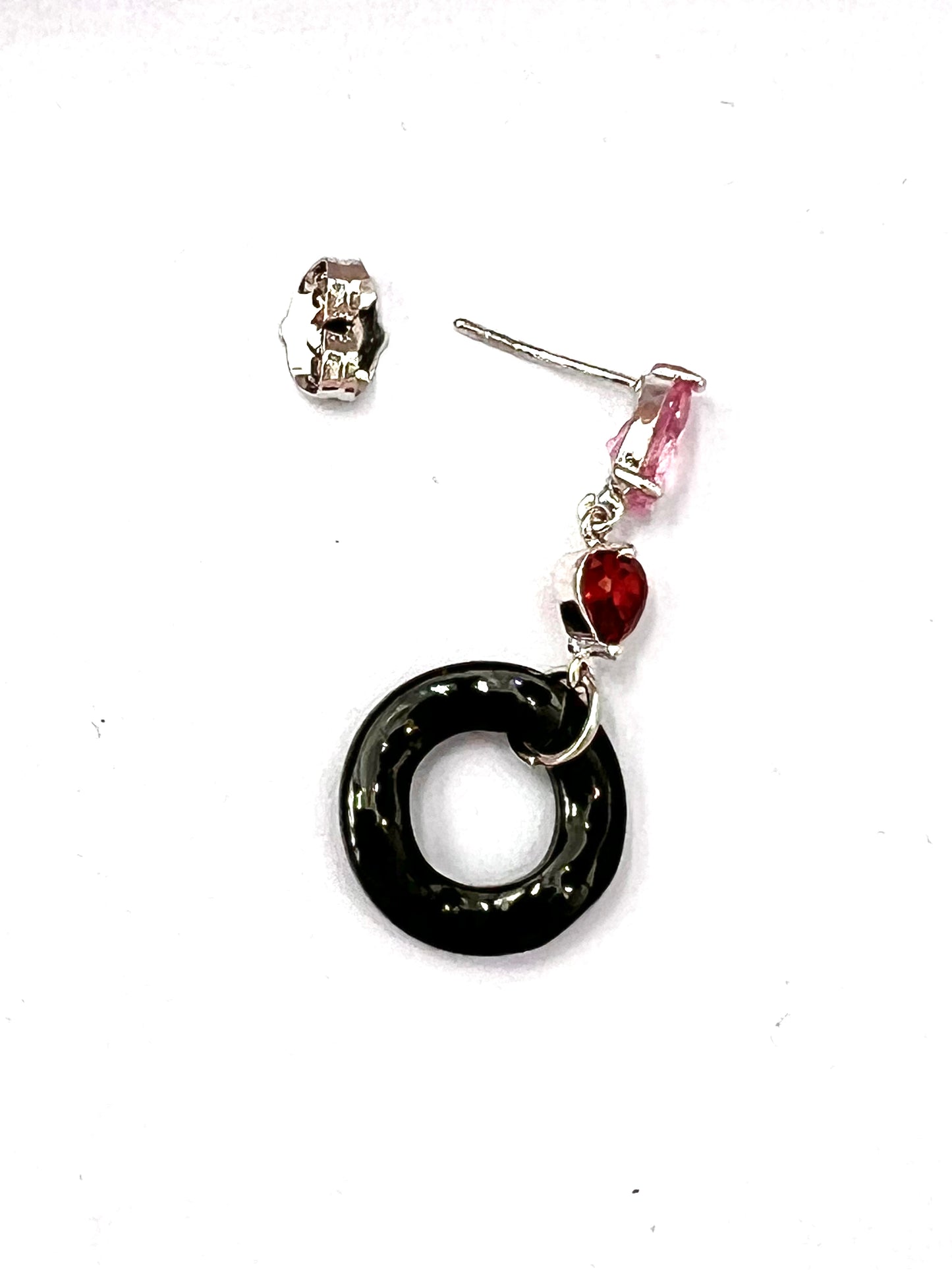 Vibrant Elegance: Black, Red, and Pink Silver Earrings and Pendant Set