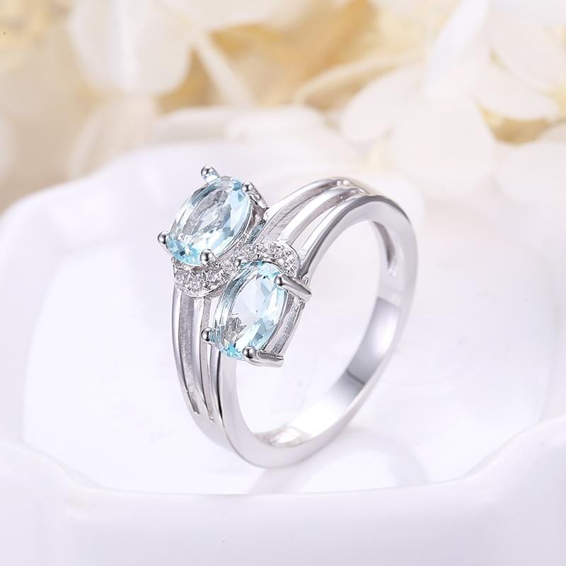 Two Blue Zircon Silver white Gold Plated Ring #0151