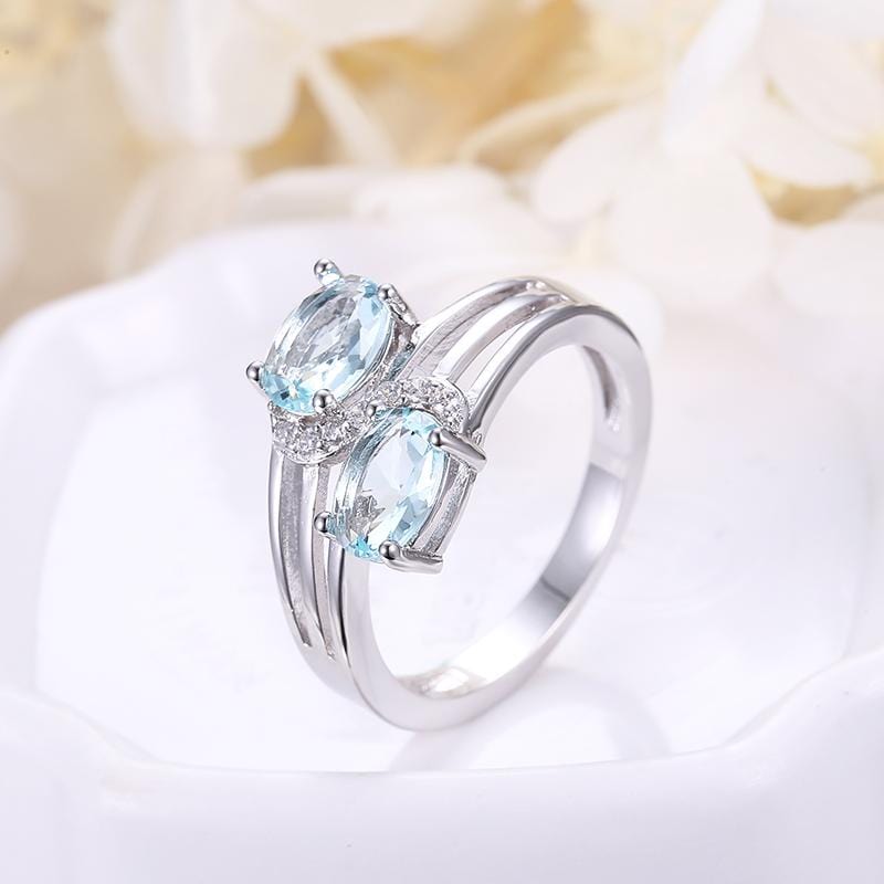 Two Blue Zircon Silver white Gold Plated Ring